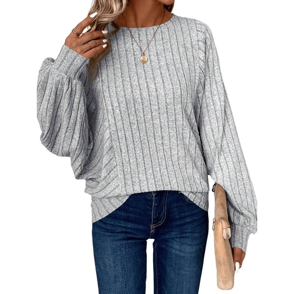 Women Tunic Plus Size Long Sleeve Tops Loose Fit Dressy Crew Neck Pullover Basic Sweaters Grey 4XL