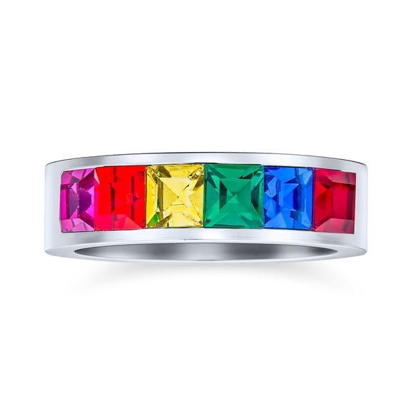 Bling Jewelry Mens Rainbow Band Ring CZ Colorful Silver Tone Stainless Steel 8MM