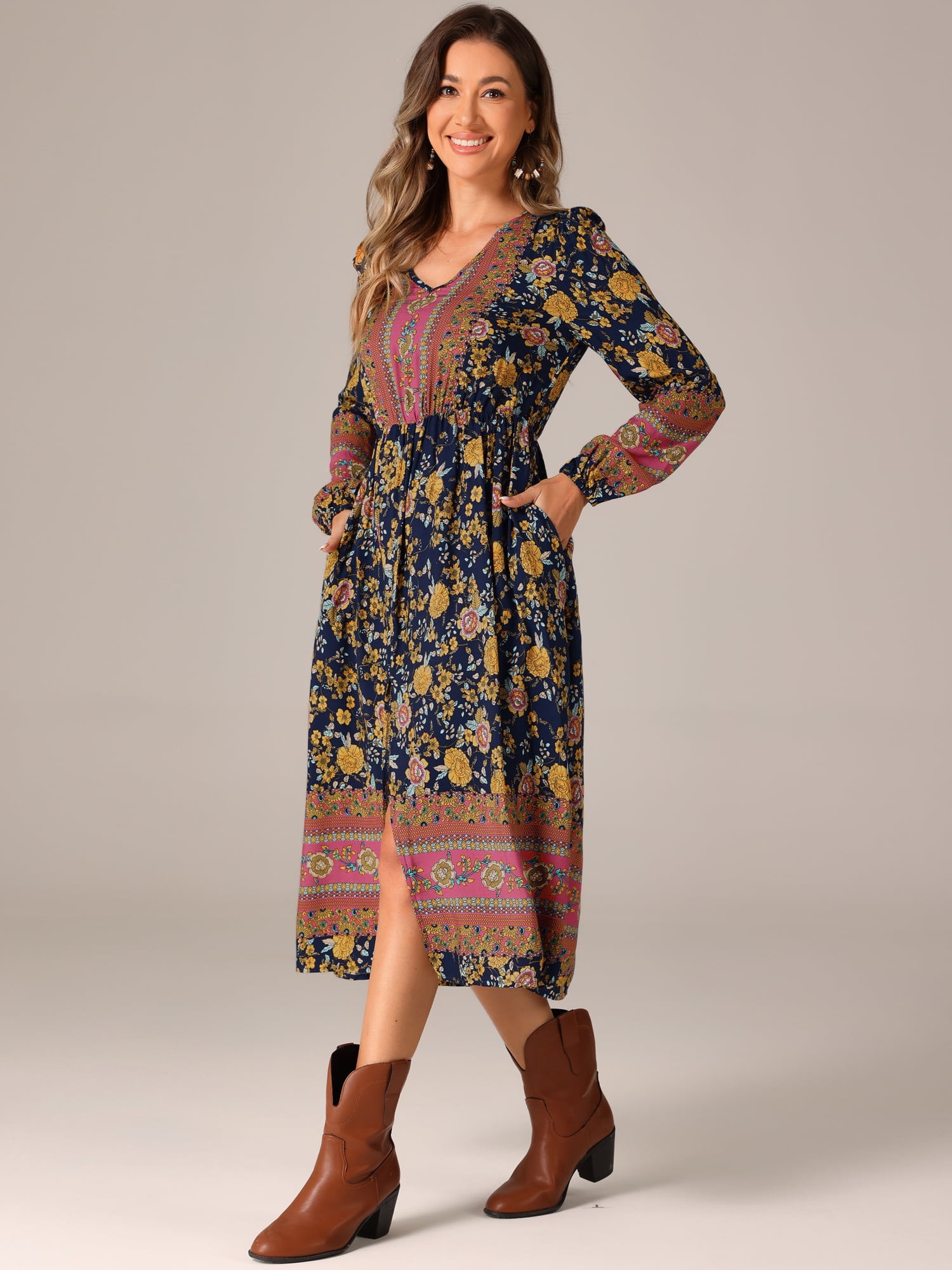 DARING DIVA Floral Elastic Waist Split A-Line Midi Dress M Blue