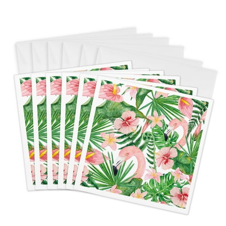 3dRose, Watercolor Tropical Aloha Jungle Summer Hibiscus And Flamingo Pattern, 6 Greeting Cards with envelopes