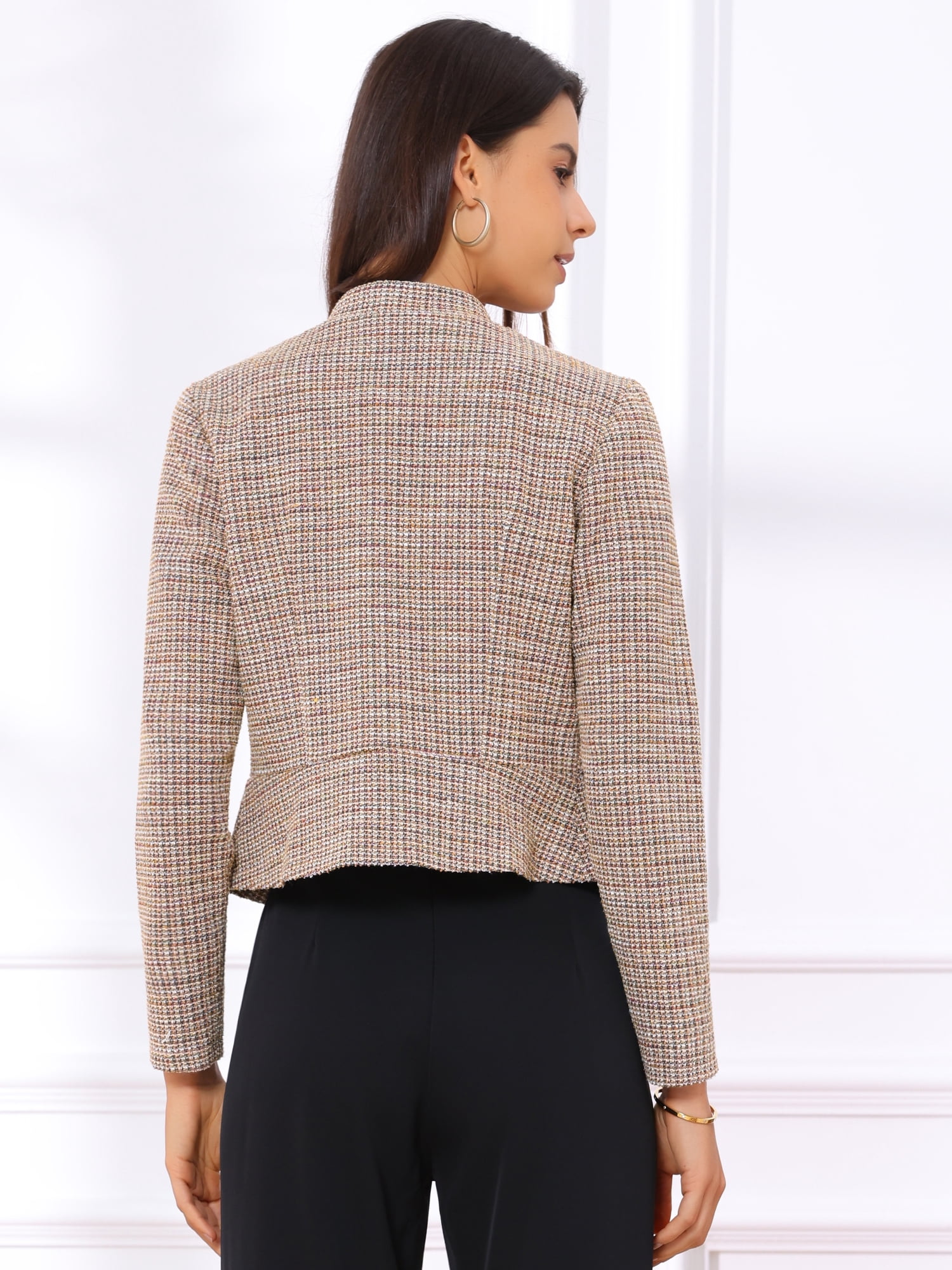 DARING DIVA Women's Comfortable Elegant Plaid Tweed Blazer Band Collar Jacket S Beige