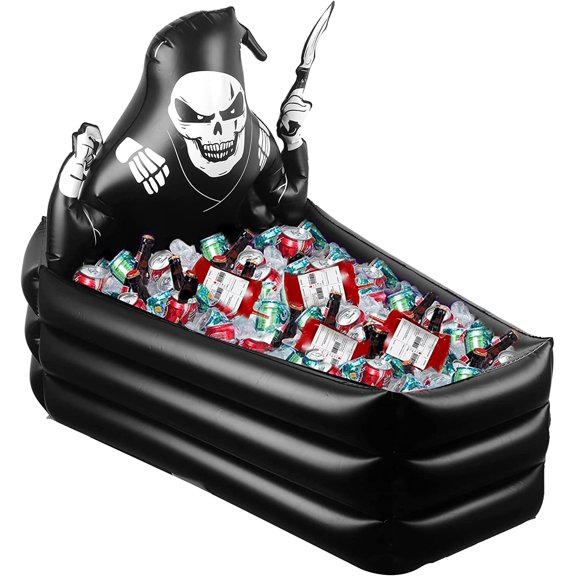 44 Inch Inflatable Grim Reaper Coffin Cooler Halloween Party Supplies 120  Cans Large Capacity Inflatable Drink Holder for Indoor Outdoor Home Halloween Birthday Party Decorations, Black