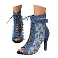 thumbnail image 2 of XIMIN Women's Peep Toe Denim Stilettos Heels Sandals Heel Zipper Fashion Comfortable Lace-up Fish Mouth Fashion Sandals Evening Dress Party High Top Sandals, 2 of 7