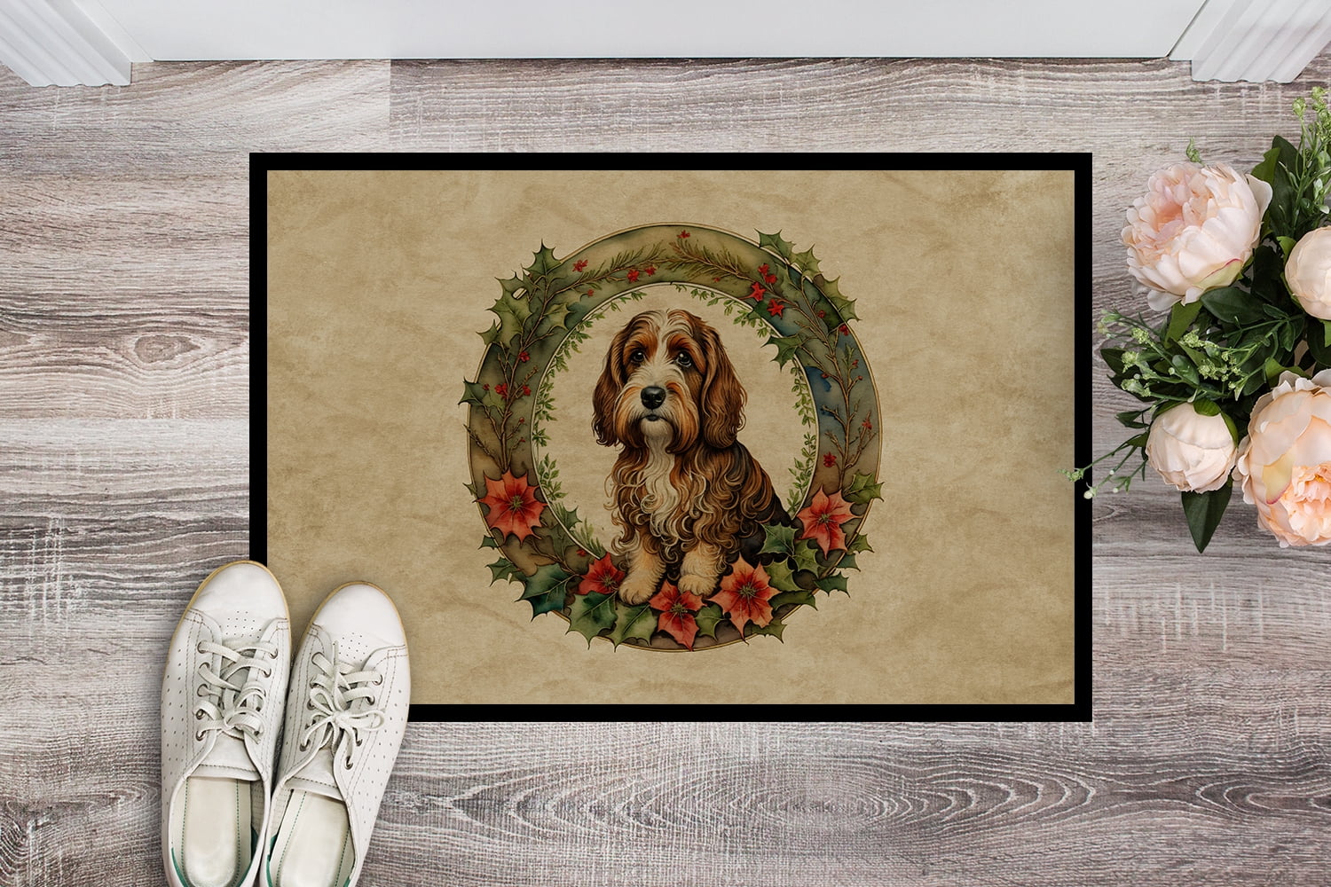 Carolines Treasures DAC2405MAT 18 x 27 in. Unisex Petit Basset Griffon Vendeen Christmas Flowers Doormat