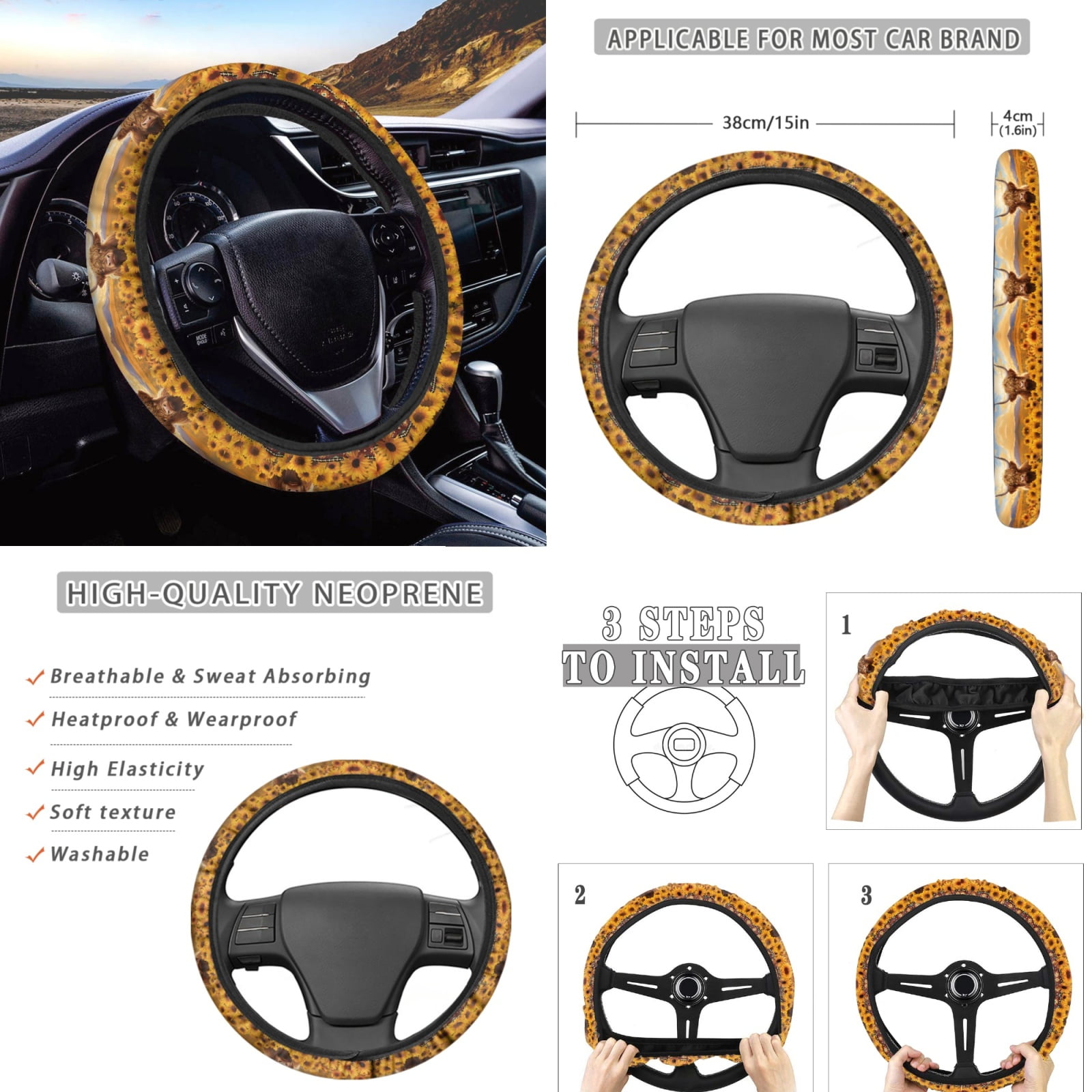 Renewold American Tribal Highland Cow Sunflower Car Seat Covers for Women with Steering Wheel Cover Seat Belt Pad Armrest Pad Handbrake Cover Gear Shift Cover Washable Cup Coaster Holder Seat Cover