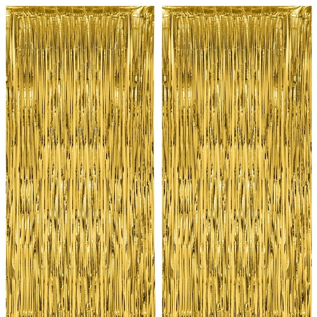 Cortinas con fondo de flecos Voircoloria, lámina dorada, 3.3 x 8.2 pies, paquete de 2