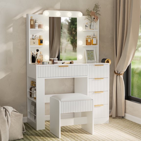 Opohoro Vanity Desk with Mirror and Lights, Makeup Vanity Table Set with Charging Station, 5 Drawers & Shelves, Cushioned Stool for Bedroom