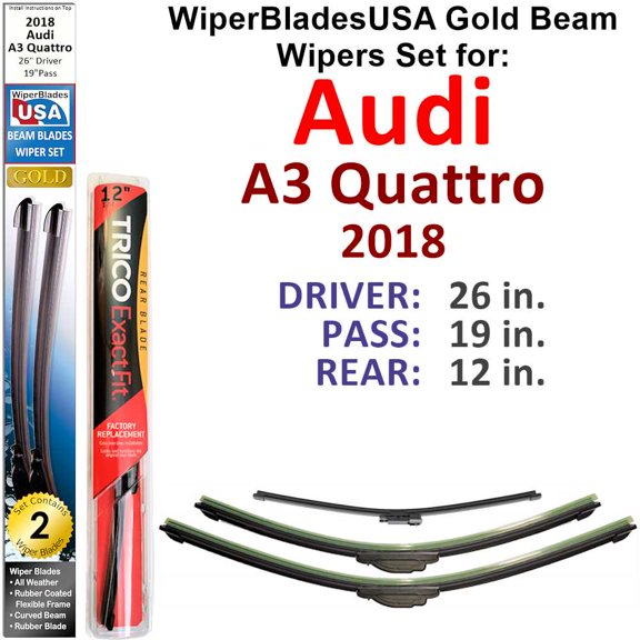 2018 Audi A3 Quattro Beam Wiper Blades Wipers WBUSA (Set of 3) w/Rear Wiper