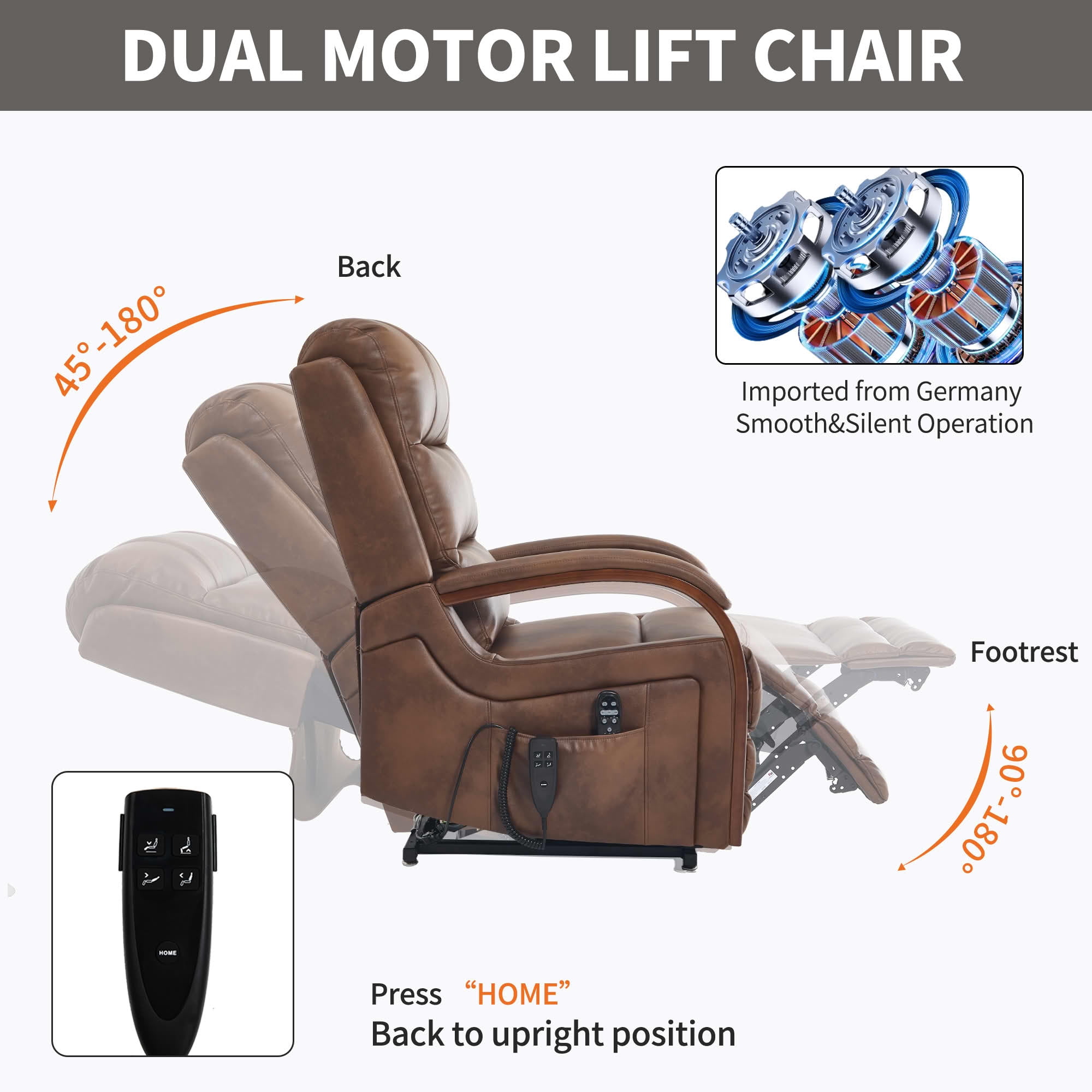 MAYEERTY Brown Leatheraire Dual Motor Power Lift Recliner, 350lbs Solid Wood Armrest Massage Heat 30"x36"x43" for Elderly