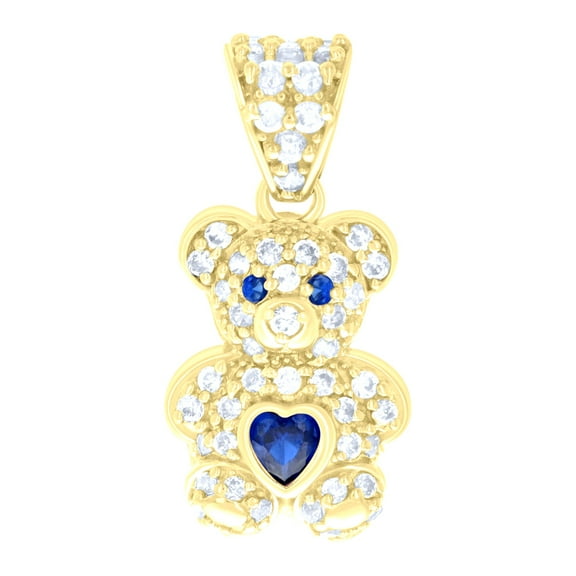 10kt Yellow Gold Womens Blue White Heart Round Cubic-Zirconia September Birthstone Teddy Bear Charm Pendant
