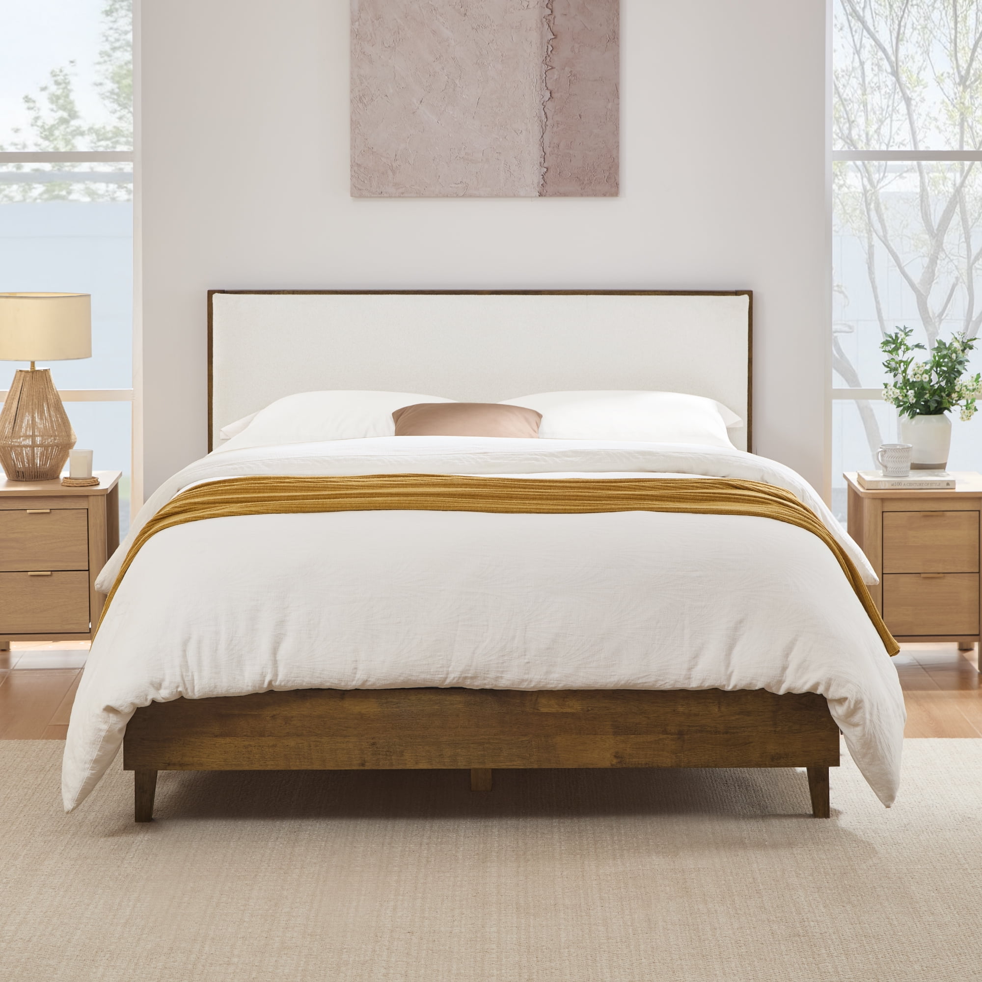 Spruce & Spring Modern Bouclé Platform Bed with Upholstered Headboard & Solid Wood Frame Walnut, Queen