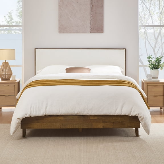 ReNest Queen Size Upholstered Bed Frame, Modern Boucle Platform Bed with Headboard, No Box Spring Required, Cream & Walnut