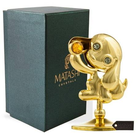 24k Gold Plate Crystal 2018 Year of the Dog 24K Gold Plated Puppy Tabletop Ornament w/ Gold Crystal | Elegant Metal Dog Figurine | Premium Home, Living Room or Office Décor | ()