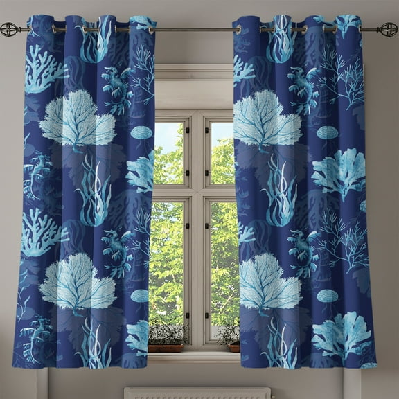 Ambesonne Nautical Grommet Curtain, Cartoon Coral Seaweed Art, 50"x60", Dark Lavender and Sea Blue