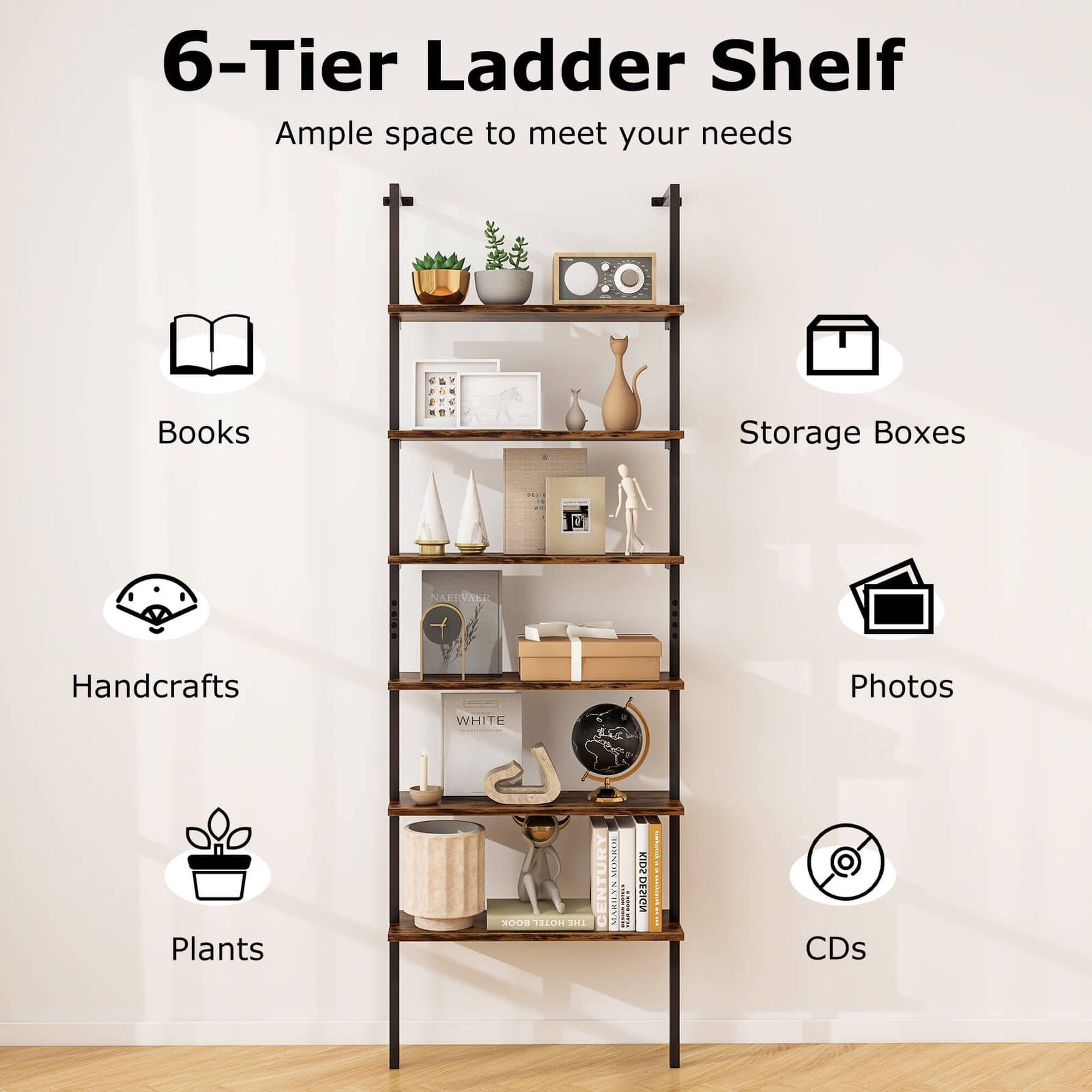 Costway 6-tier Ladder Shelf 72 Inches Industrial Wall Mounted Bookshelf Brown