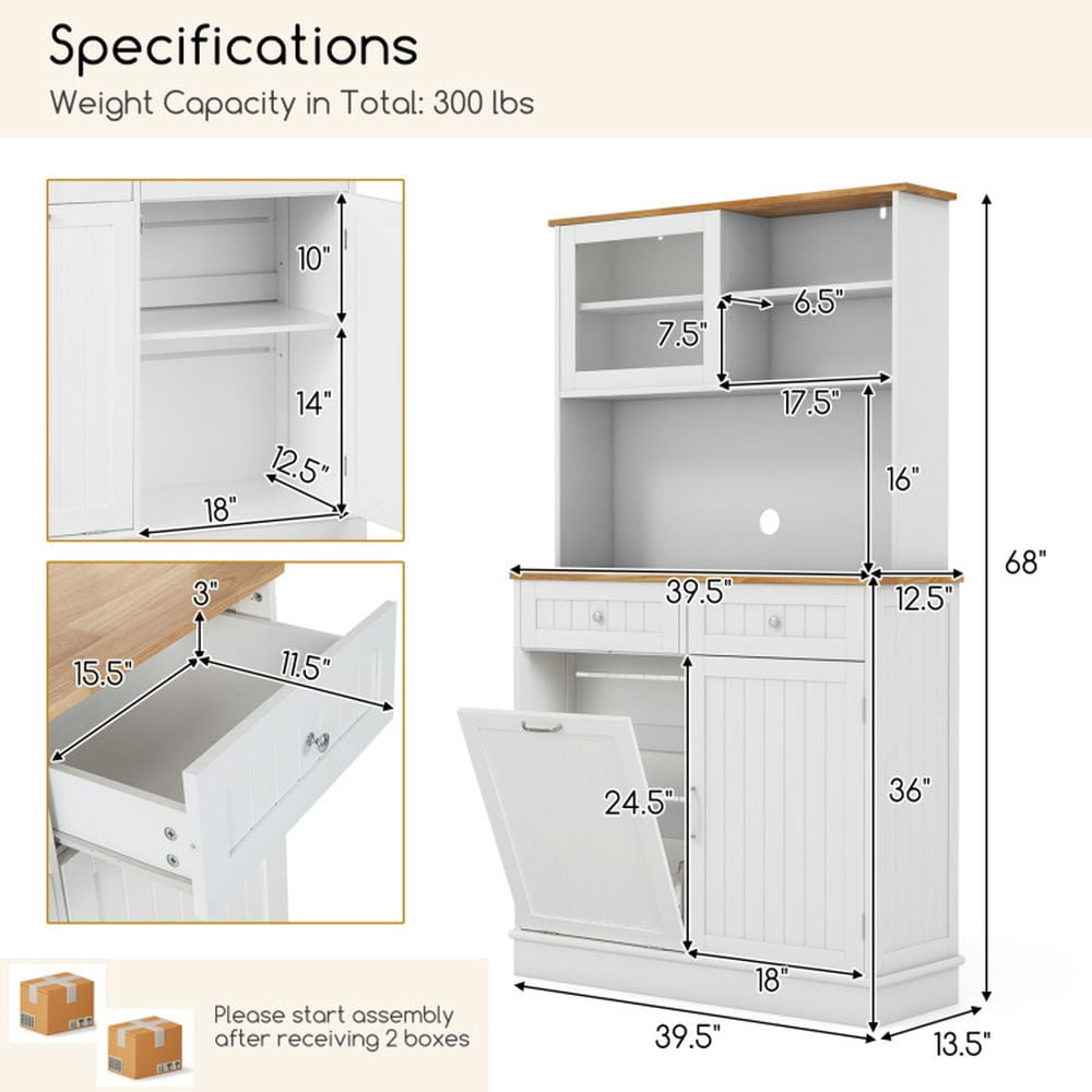 Finihen Storage Cabinet, Buffet Sideboard, Double Tilt Out Trash Cabinet with Hutch and Rubber Wood Countertop, for Dining Room, Kitchen, Bathroom, White