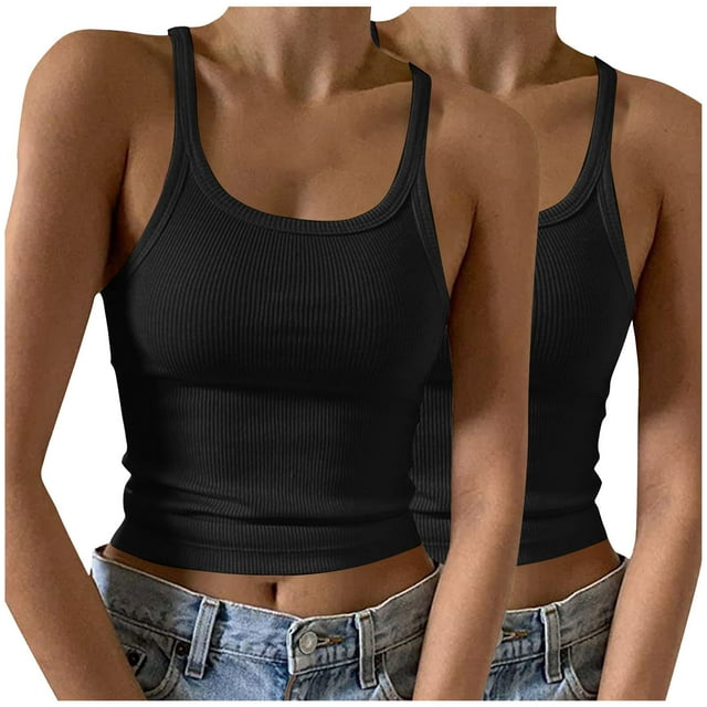Yuyuzo Womens Crop Tank Tops Ribbed Knit Summer Sleeveless Basic Tees Athletic Sports Going out Tops 2 Pack