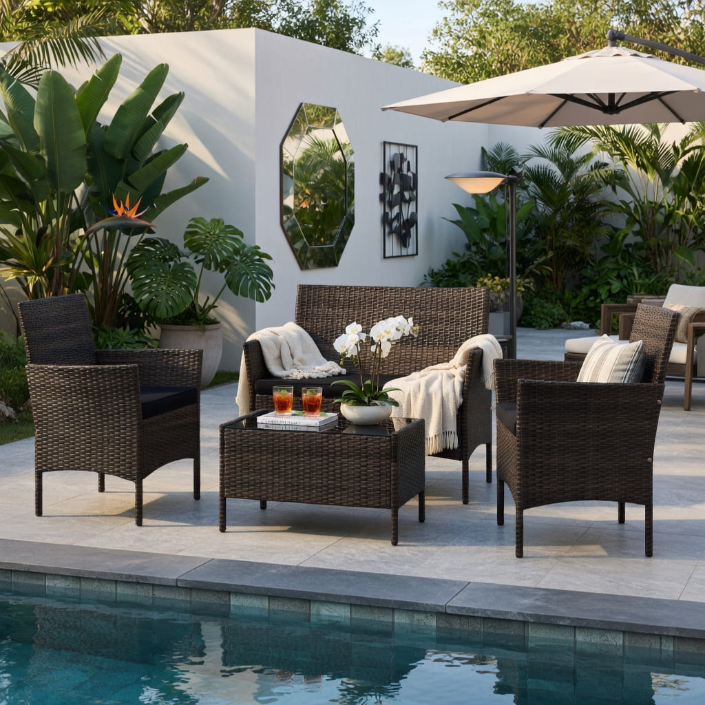 Hommoo 4-Piece Outdoor Rattan Patio Conversation Set with Plush Cushions, Loveseat, 2 Chairs & Tempered Glass Coffee Table, Black