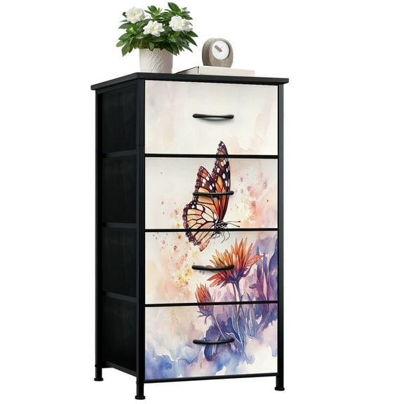 Boho Dresser for Bedroom with 4 Storage Drawers Fantastical Butterfly Portrait Swirling Light Sparks Artwork Dressers Chest of Drawers Steel Framed Fabric Closet Organizers for Entryway