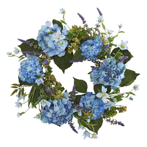 Pemberly Row 24" Bright Blue Blooms Hydrangea Wreath with Vibrant Green Leaves