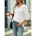 thumbnail image 4 of Womens 2025 Fall Casual Long Sleeve Ribbed Knit V Neck Light-Weight Crochet Pullover Sweater White M, 4 of 7