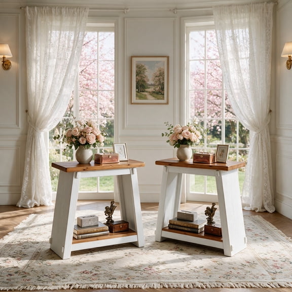 Solid Wood End Table Set of 2, Farmhouse Side Tables with Open Storage Shelf, Narrow Bedside Nightstands with Sturdy A-Frame, Two-Tone Accent Tables for Living Room & Bedroom