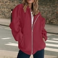 thumbnail image 3 of Womens Zip Up Jacket, Yigetop Women's Sweatshirt Jacket Long Sleeve Solid Color Casual Loose Coat Zip Up Hoodie Women Lightweight Wine 3XL, 3 of 9