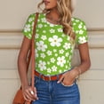 thumbnail image 6 of KLL Women 's Crew Neck Bodysuit Jumpsuits Green White Flowers Print Short onesies Stretch T Shirts, 6 of 7