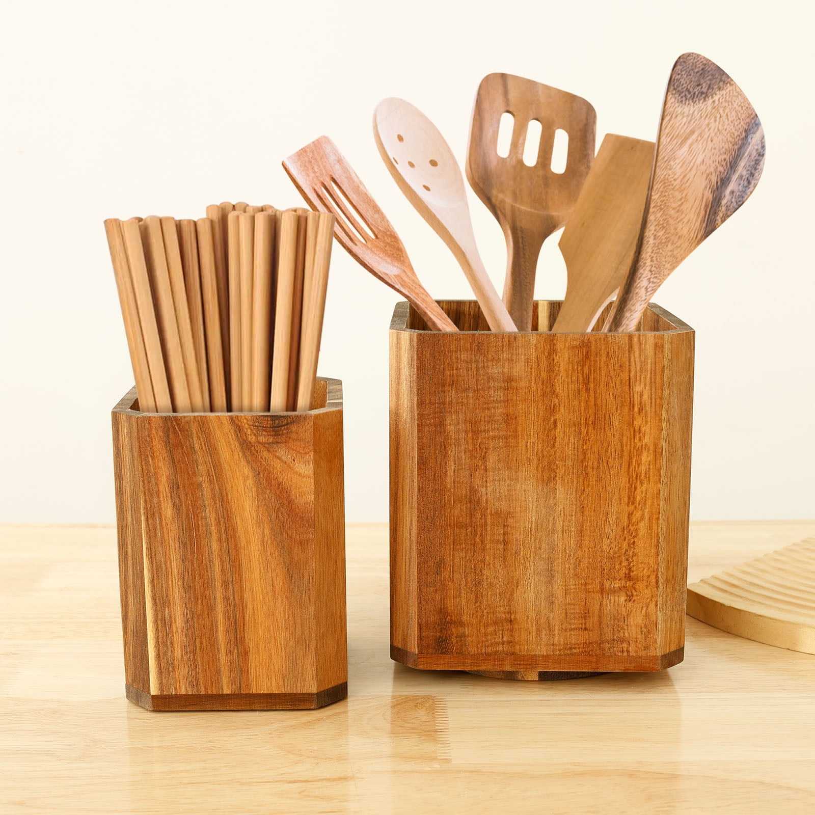 2Pcs Wood Utensil Holder 360° Rotating Acacia Utensil Crock Multipurpose Cooking Spoon Spatula Organizer Kitchen Tool Storage for Countertop