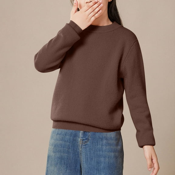 Delliss Girls' Fall Winter Thick Velvet Solid Color Crew Neck Cotton Knitted Long Sleeve Round Neck Casual Classic Sweater 2-14 Years
