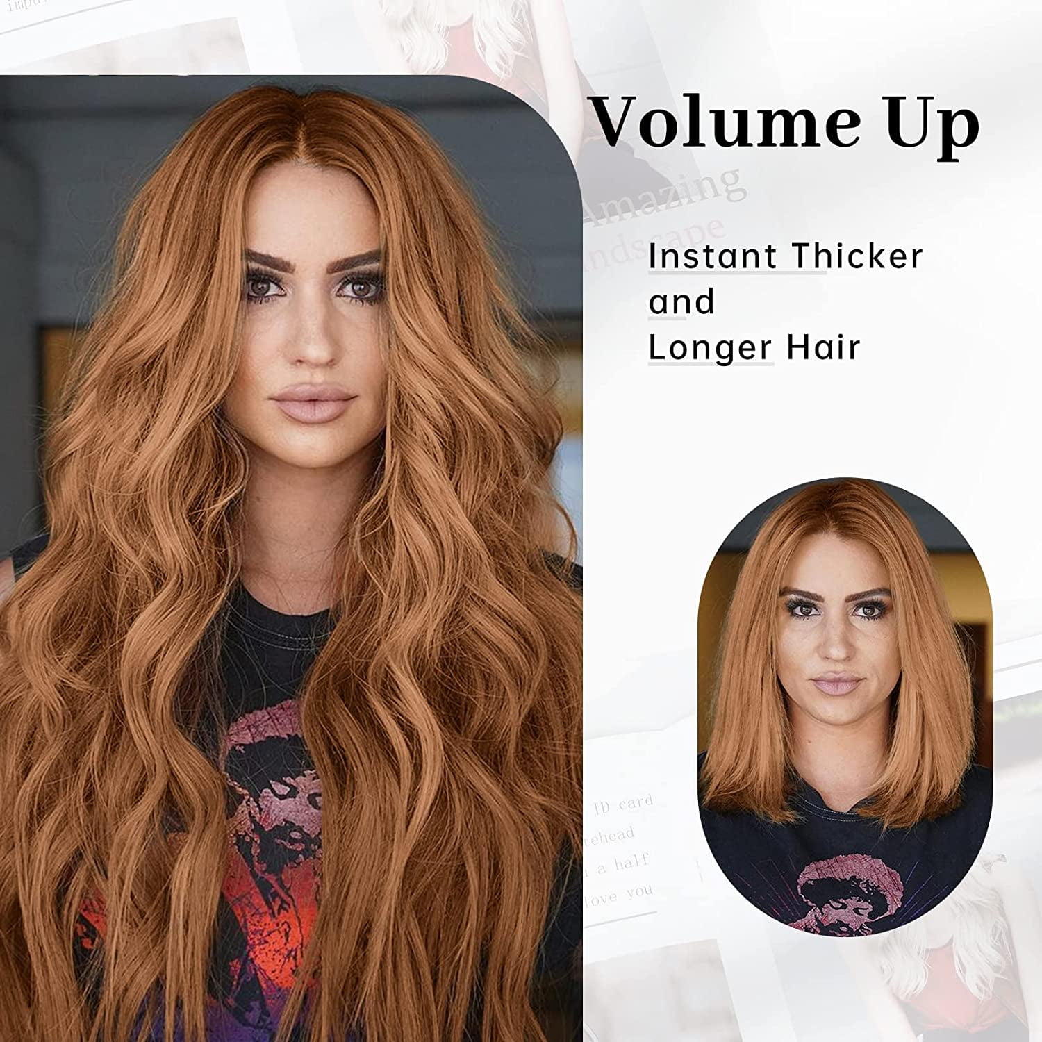 Invisible Wire Hair Extensions with Transparent Wire Headband Adjustable Size 4 Secure Clips Long Wavy Hairpiece 20 Inch Auburn Brown for Women