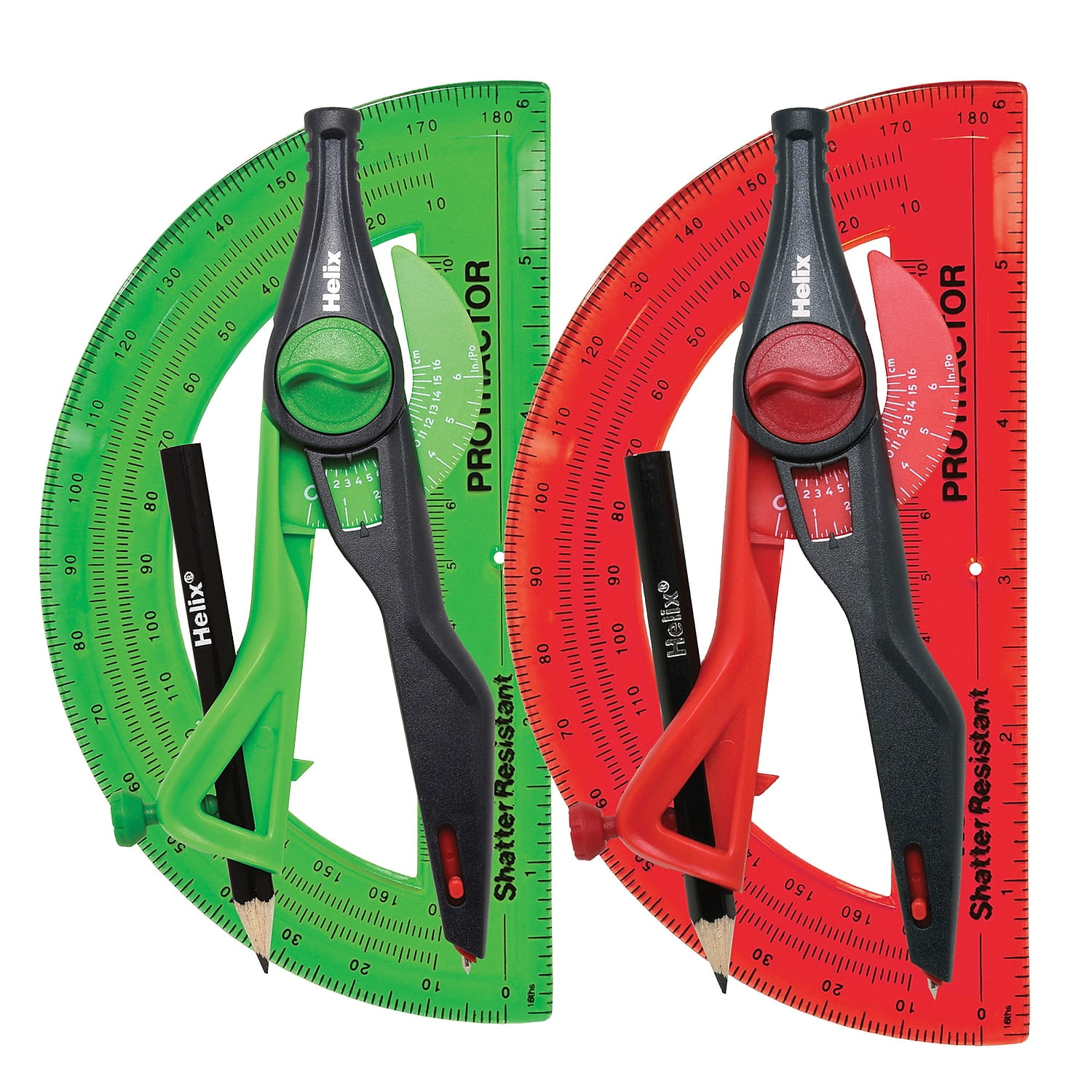 Helix 6" Plastic Locking Compass & Protractor Set Assorted Colors 5 Sets (MAP18803-5)