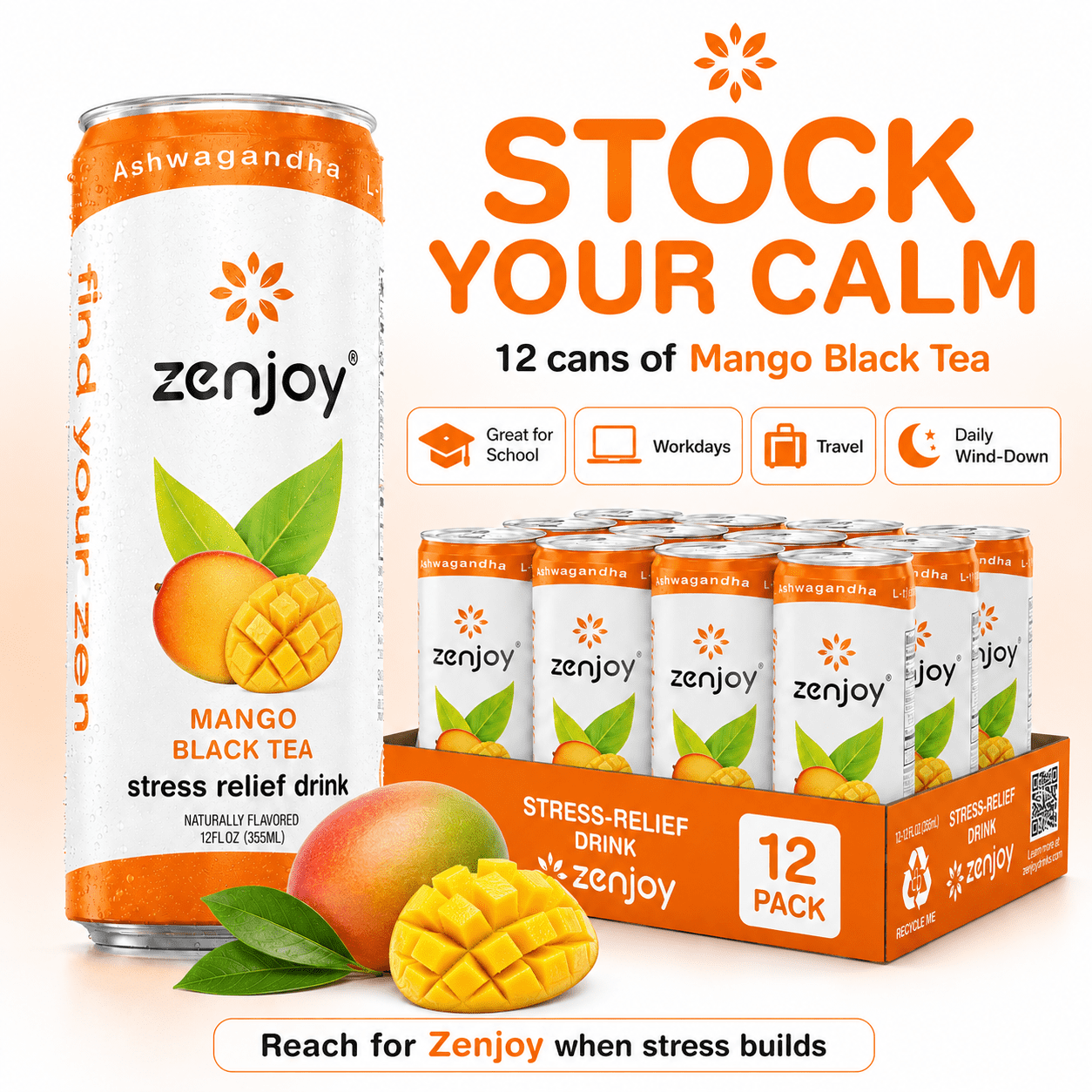 Zenjoy Stress Reief Drink, Calming Black Tea, Non Alcoholic, Ashwagandha & Lemon Balm for Stress Relief, L - Theanine for Focus (12 Pack) (Mango)