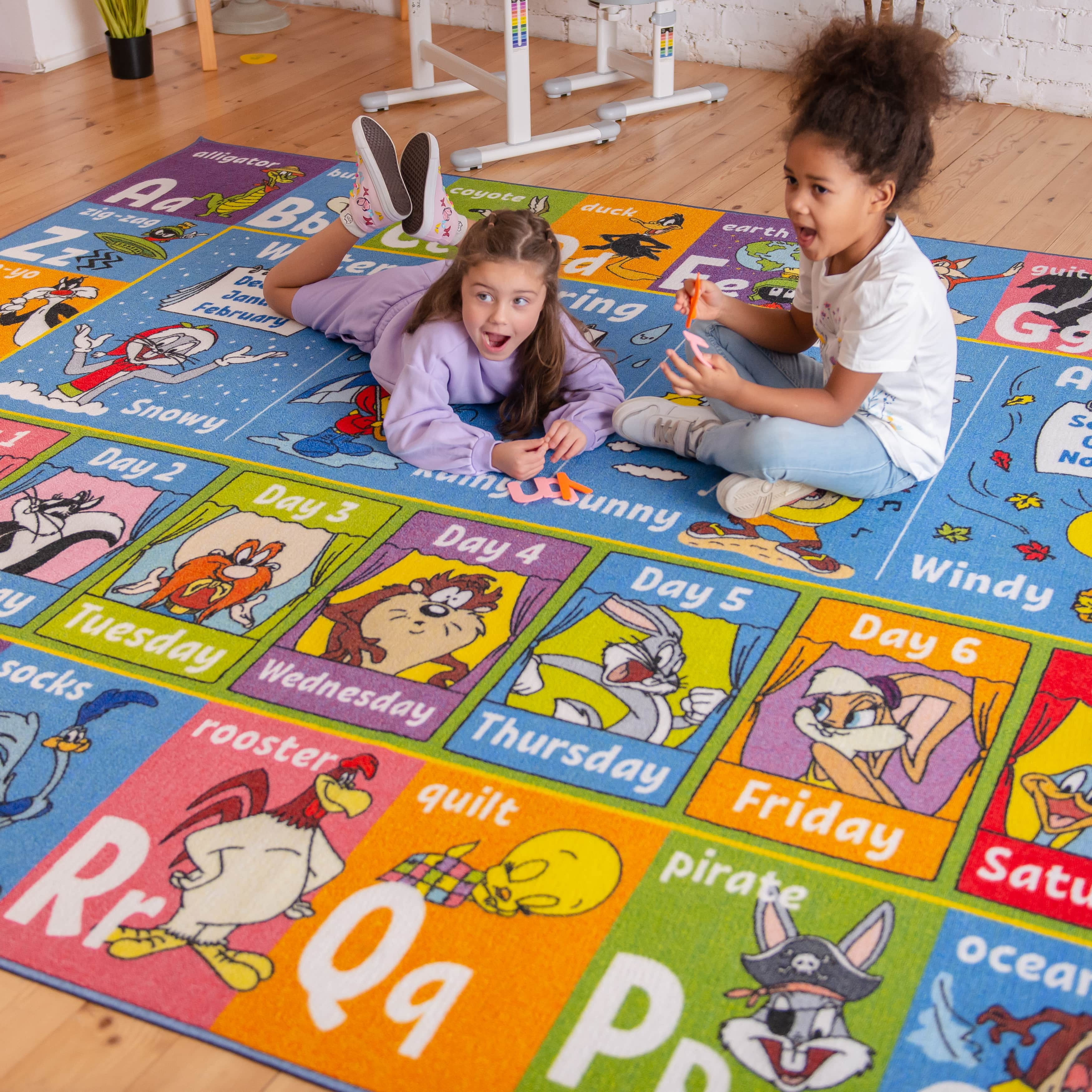 KC Cubs | Looney Tunes ABC Alphabet, Seasons, Months and Days of The Week Educational Learning & Game Area Rug Carpet for Kids and Children Bedrooms and Playroom