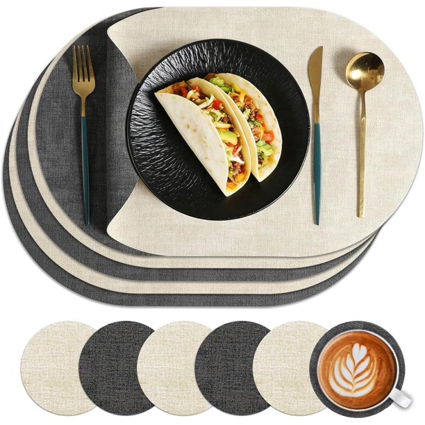 Set de Manteles Individuales para Mesa, 6 Manteles Individuales y 6 Posavasos, Resistentes al Calor y Manchas, Antideslizantes, Adecuados para Hogar, Restaurantes (Beige, Gris)
