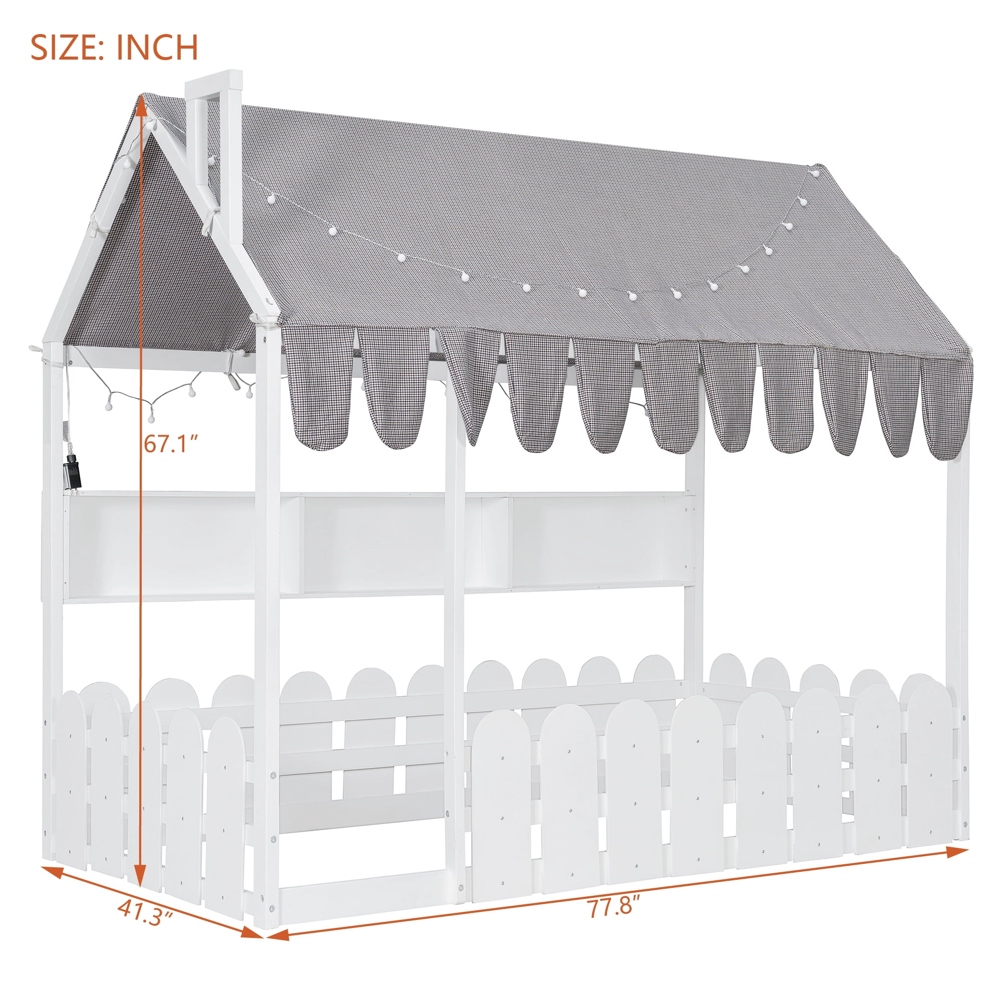 Sailvan Twin Size Montessori House Bed for Kids, Floor Bed with Fence Railings, Slats not included