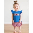 thumbnail image 3 of BemeyourBBs Toddler Baby Girl 4th of July Outfit Patriot Fourth of July Summer Independence Day Clothes American Flag Heart Embroidered Backless Flying Sleeve T shirt Tops Plaid Ruffle Shorts Set, 3 of 9