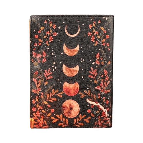 Moon Phase Leather Grimoire Journal – Antique Spell Book, 200 Pages Book of Shadows, Vintage Witchcraft Spellbook, Wiccan Pagan Gothic Gift