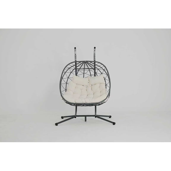 2 Person Double Egg Chair with Stand Indoor Outdoor, Hammock Egg Chair with Stand Outdoor Patio Wicker Hanging Egg Chair w/Cushion 700LBS Capacity for Bedroom, Balcony, Garden,Beige