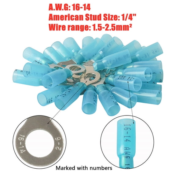 50Pcs Heat Shrink Ring Terminals Wire Connectors Blue 16-14 AWG Gauge 1/4" Hole