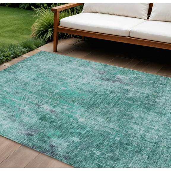 HomeRoots 580229 8 x 10 ft. Abstract Washable Indoor & Outdoor Rectangle Area Rug, Teal Blue, Green & Gray