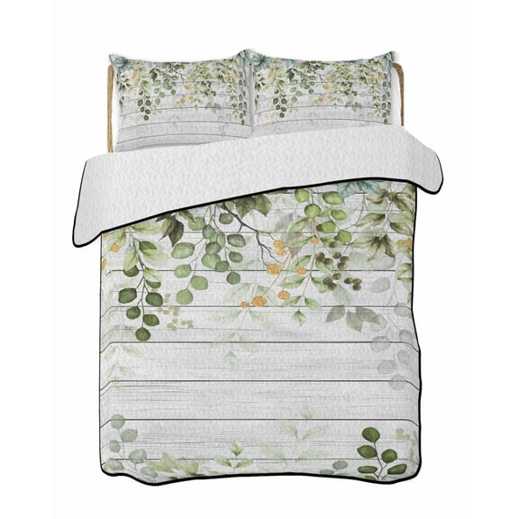 Quilts Queen Size Bedding Set, Sage Green Eucalyptus Leaves Lightweight Quilted Comforter, Summer Botanical Weeping Wooden Soft Bedspread Coverlet with Pillow Covers for All Season, 90" x 96"