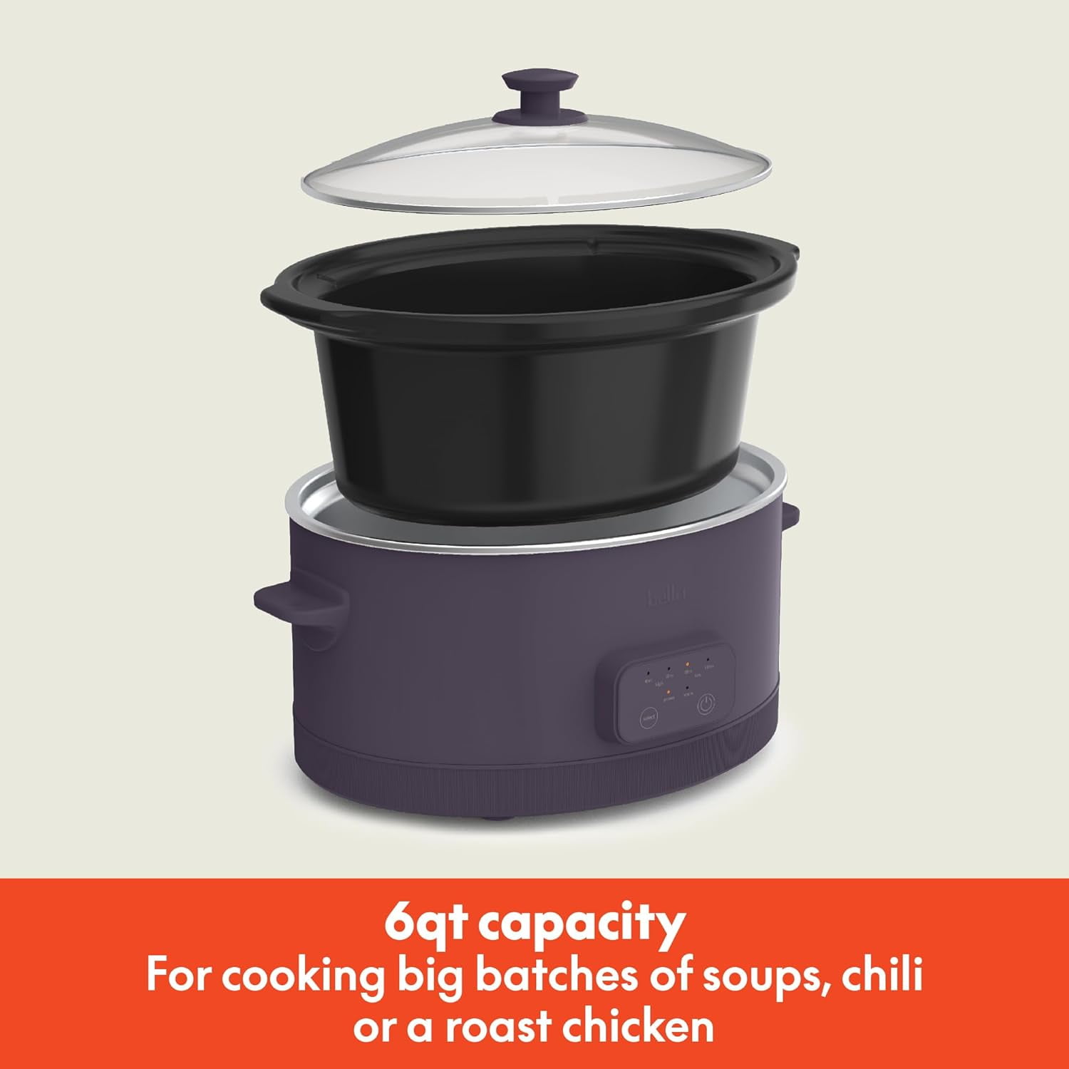 bella 6 Qt Digital Programmable Slow Cooker with Ceramic Nonstick Coating, Adjustable Temperature & Cooking Time, Dishwasher Safe Pot & Tempered Glass Lid, Plum