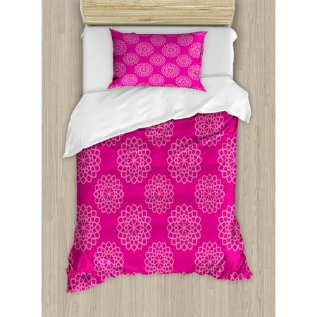 Hot Pink Duvet Cover Set Geometrical Abstract Flower Motifs