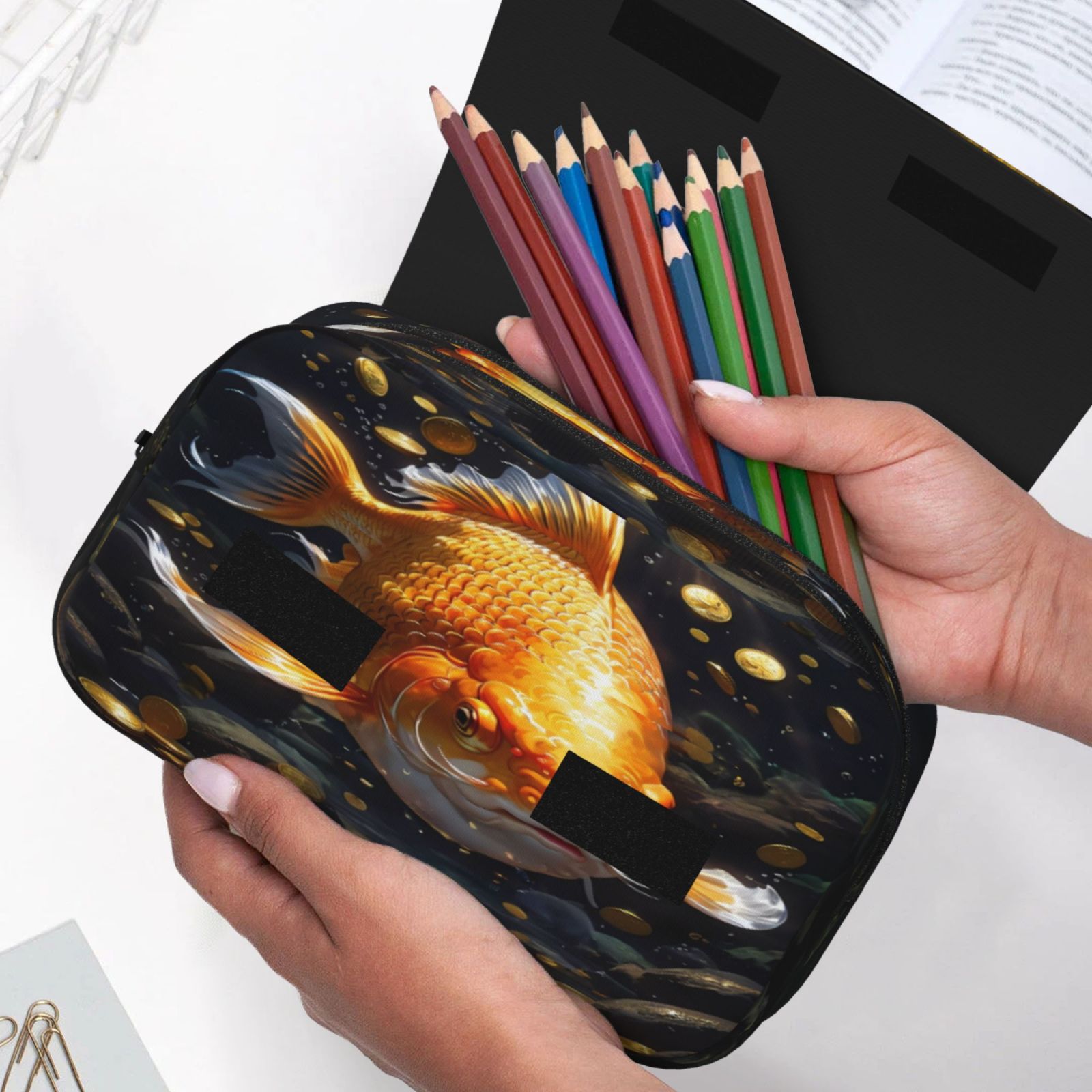Rateoe Golden Koi And Treasure Pattern Double Clamshell Pen Case, Storage Organizer with Two Zipper Compartments– Holds Up to 50 Pencils & Pens