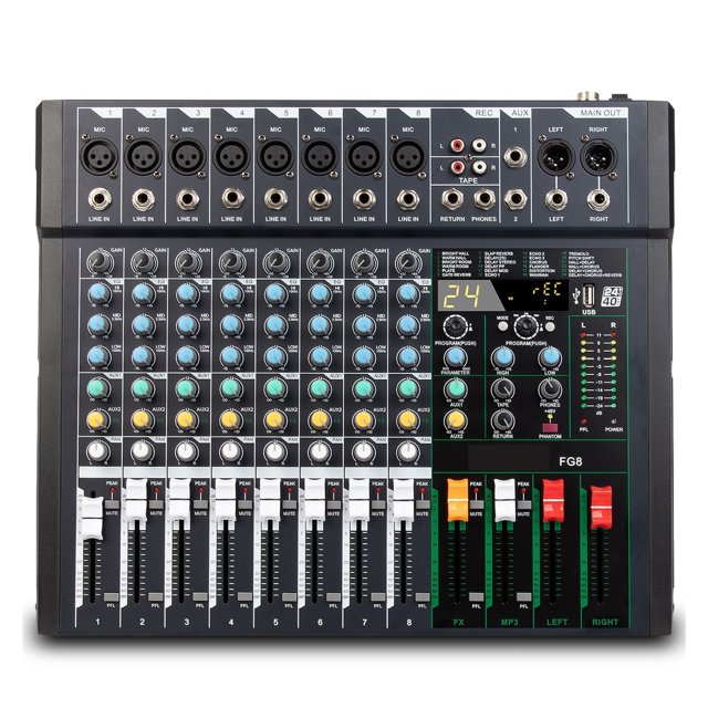 Audio Mixer FG8 8 Channel DJ Mixing Console PC USB Record Bluetooth-Function 24 Digital Effects 48V Phantom Power ,Easy to Operate