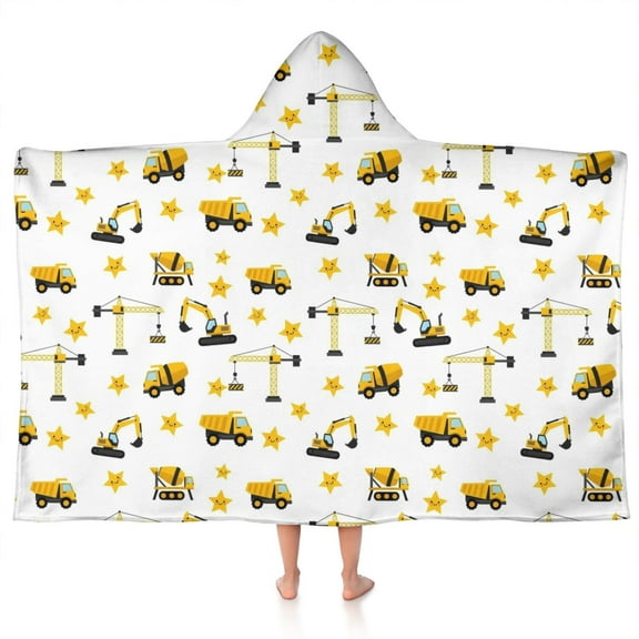 Cartoon Construction Vehicles Stars White Pattern Hooded Bath Towel,50"x30" for Ages 3 To 12 Kids, Quick Dry Lightweight Soft Microfiber Hood Beach Towel Cover Up for Kids