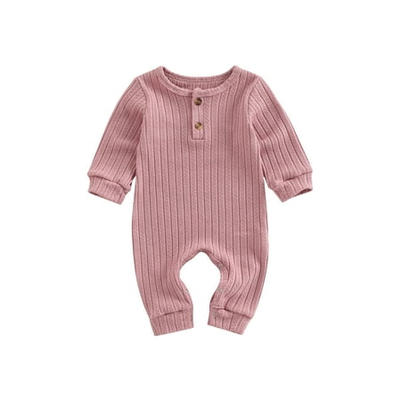 

Amuver Toddler Baby Rompers Solid Color Knit Casual Button Crew Neck Long Sleeve Jumpsuit for Newborn Girl Boy