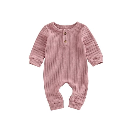 

sdghg Baby Rompers Solid Color Knit Casual Button Crew Neck Long Sleeve Jumpsuit
