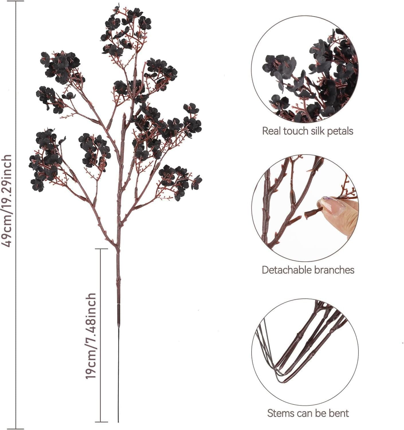 Babys Breath Artificial Flowers, 8 Bundles Real Touch Black Fake Flowers Silk Flowers Bulk for Vase Home Office Wedding Indoor Outdoor Centerpiece Table Party Halloween Decorations